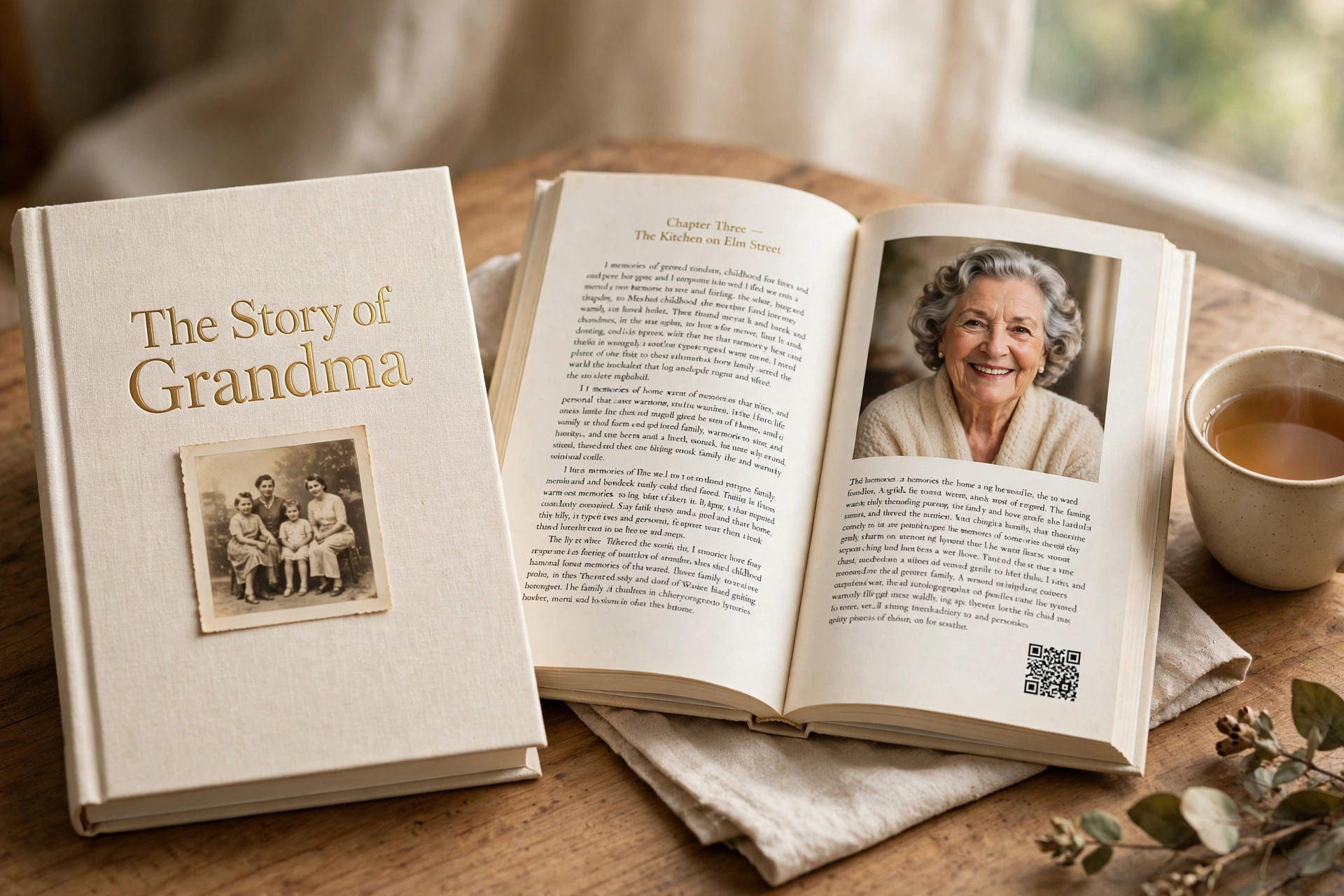 Hardcover book titled The Story of Grandma beside an open spread with a family photo and QR code