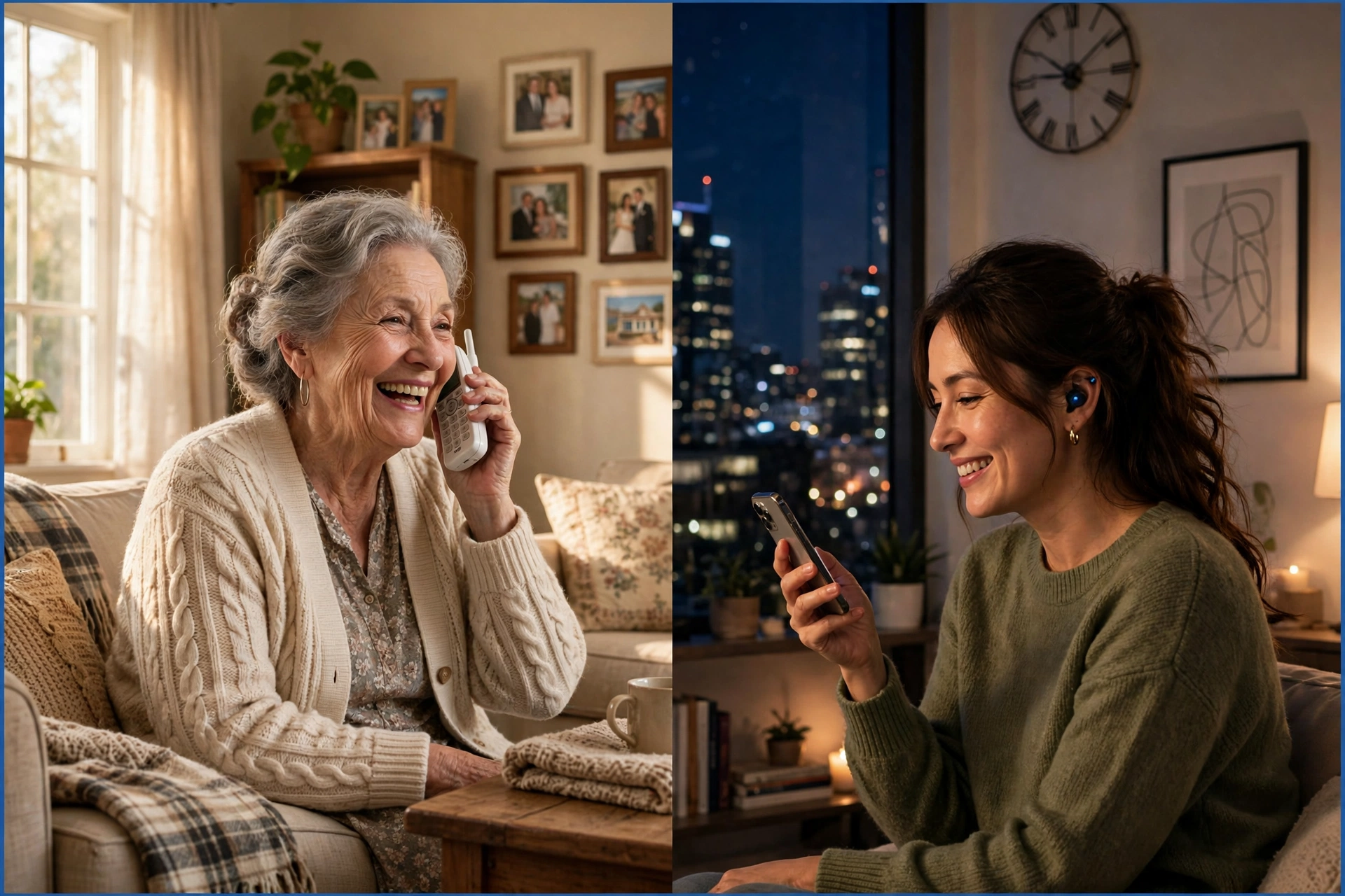 Grandmother at home on her phone in daylight while her daughter listens overseas at night